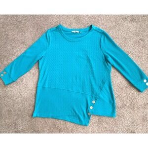 Soft Surroundings Women Large Textured Asymmetrical Button Top Teal Blue 3/4 Slv
